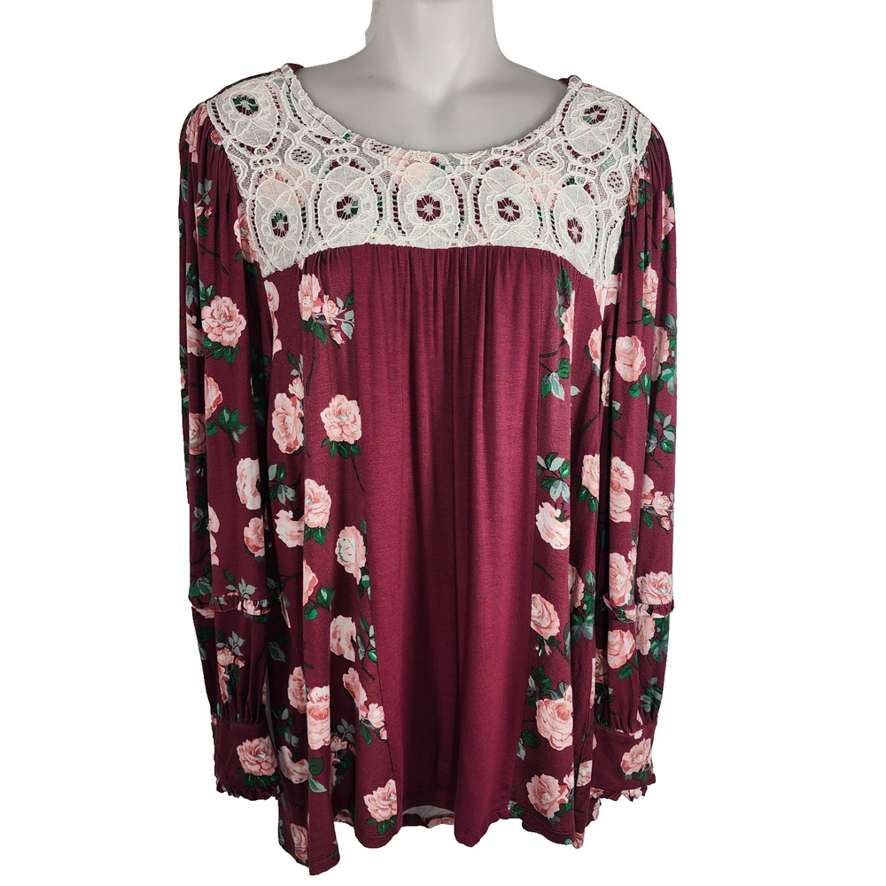 Matilda Jane Womens Rosesbud Blouse Size Medium Red Lace Floral Cottage Peasant